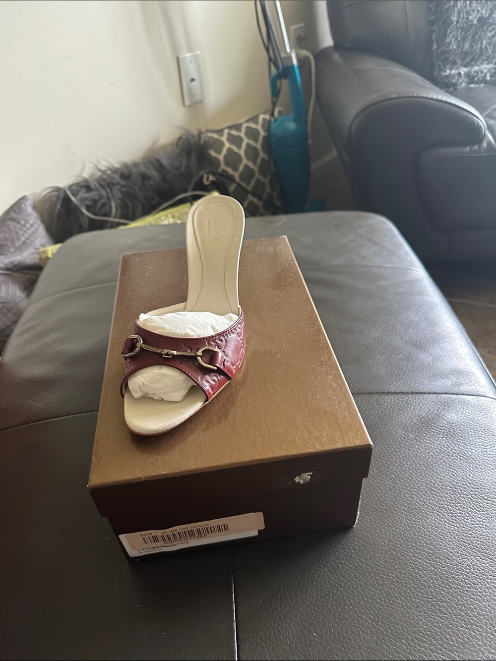 Gucci Women's Burgundy Leather Open-Toe Slide Mule with Horsebit